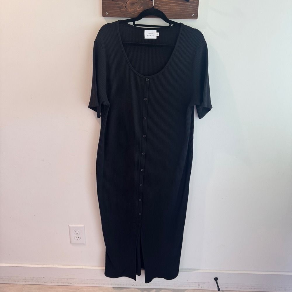Things Between Black Ribbed Knit Button Front Midi‎ Dress XXXL Short Sleeve